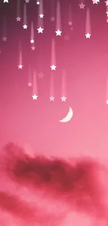 Vibrant pink sky with crescent moon and clouds.