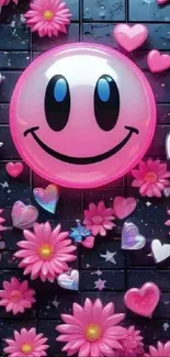 Pink smiley face with flowers and hearts mobile wallpaper.