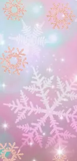 Pink snowflake wallpaper with glittering winter design.