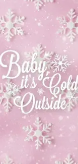 Pink winter wallpaper with snowflakes and festive message.