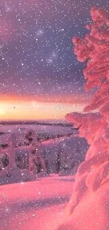 Pink snowy sunset with sparkling snowflakes and forest.