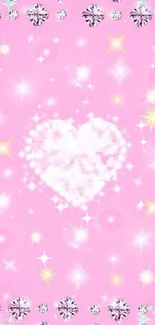 Pink heart sparkle wallpaper with jewel border and soft pink background.