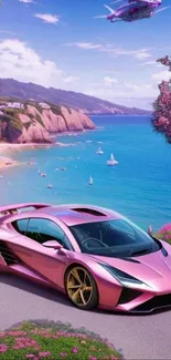 Pink sports car on scenic coastal road with ocean view.