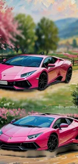 Pink sports car in scenic countryside with blossom trees.