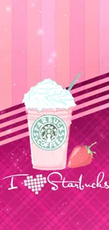 Pink Starbucks drink with strawberry phone wallpaper.