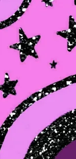 Pink and black starry night wallpaper with wavy patterns for mobile screen.