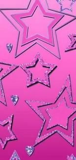 Vibrant pink wallpaper with glittery stars and purple hearts.