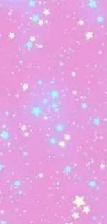 Pink background with blue and white star patterns.