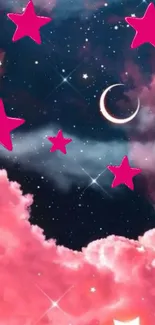 Dreamy wallpaper with pink clouds, stars, and a crescent moon at night.