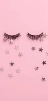 Pink background with black lashes and silver stars.