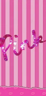 Pink wallpaper with stripes and sparkling glam lettering.