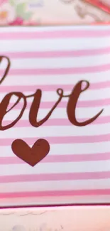 Pink striped background with 'love' and heart design.