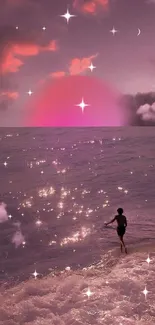 Mobile wallpaper with a pink sunset over the ocean and beach scene.