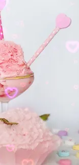 Pink dessert wallpaper with ice cream and pastel decorations.