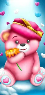 Cute pink teddy bear with a flower and floating hearts.