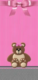 Pink mobile wallpaper with teddy bear and bow.