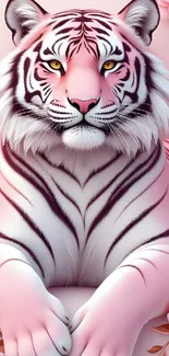 Artistic pink tiger with floral design in vibrant wallpaper.