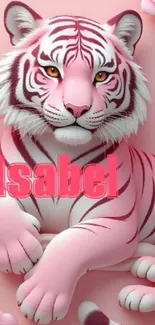 Pink tiger illustration with floral accents on a mobile wallpaper.