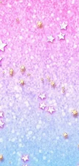 Starry gradient wallpaper in pink and blue with small gold stars.