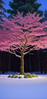 Vibrant pink tree in snowy winter forest setting wallpaper.