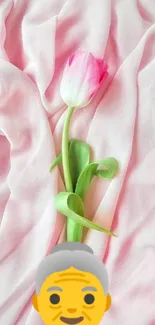 Pink tulip laid on soft, pastel pink fabric.