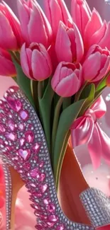 Pink tulips arranged in a gem-studded shoe.