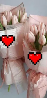 Pink tulip bouquets with pixel hearts in elegant wrapping.