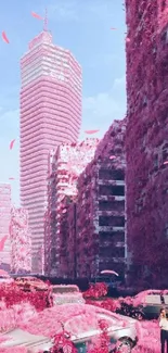 Surreal pink cityscape with nature overtaking urban buildings.