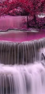 Pink waterfall landscape with lush surroundings.