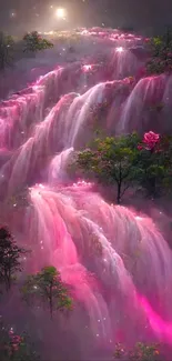 Fantasy waterfall with pink hues and moonlit sky, lush with greenery.