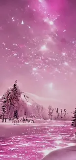 Pink winter wonderland with snowy trees and sky.