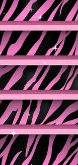 Pink zebra patterned wallpaper with bold black stripes.