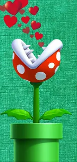 Piranha Plant with red hearts on textured green background.