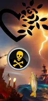 Pirate theme wallpaper with stormy sea and skull symbol.