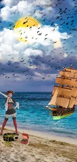 Dynamic pirate and ship scene on a sunny beach with vivid blue skies.