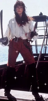 Pirate standing on ship's deck with sword, overlooking the ocean.