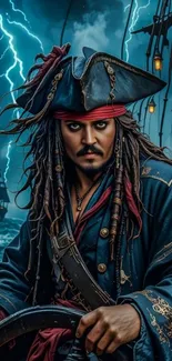 Pirate captain steering the ship in storm.