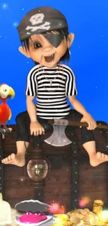 Animated pirate boy with parrot on treasure chest against blue background.