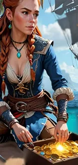 Vibrant pirate-themed wallpaper with a female pirate and treasure.