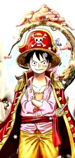 Anime pirate character with red hat and vibrant background.