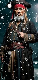 Pirate standing in storm with snowflakes.