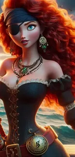 Vibrant pirate-themed mobile wallpaper featuring red-haired pirate and ocean view.