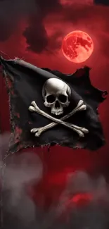 Pirate flag with skull and red moon.