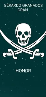 Pirate-themed wallpaper with skull and swords on teal background.