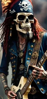 Pirate-themed wallpaper with skull-headed guitarist in detailed attire.