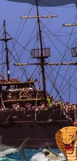 Mobile wallpaper of a pirate ship on a blue sea with sharks and a cobra.