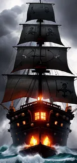 A dramatic pirate ship battles through stormy seas and dark clouds.