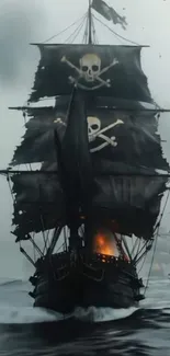 Pirate ship with dark sails on a stormy ocean, exuding adventure.