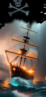 Dark pirate ship sailing on stormy seas with dramatic sky.