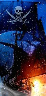 Pirate ship with skull sails against blue and fiery background.